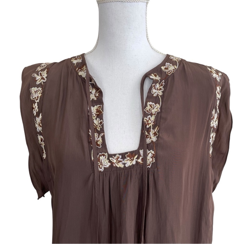 Ramy Brook Short Ruffle Sleeves Tie Neck Floral Embroidery Brown Blouse - Picture 5 of 9